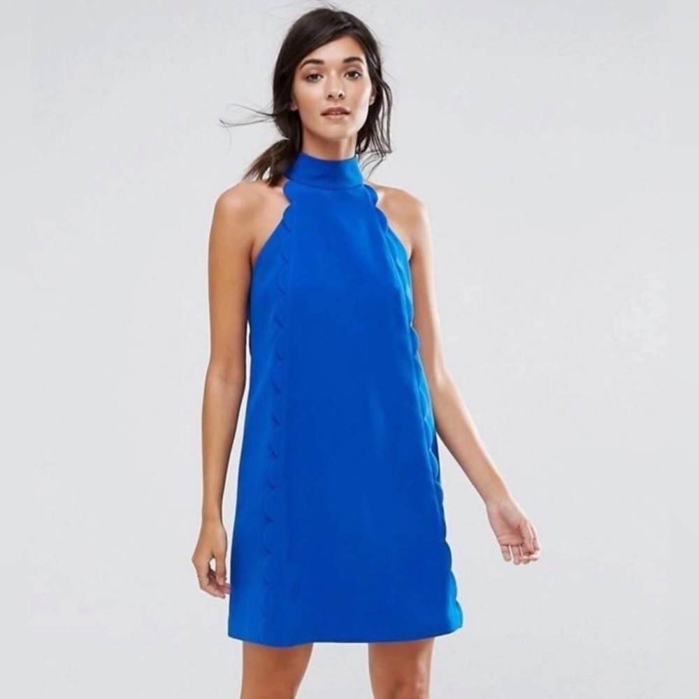 Ted Baker London Blue‎ Scalloped Sleeveless Halter Shift Dress Size 4 Zip Back